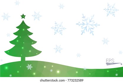 Green postcard low polygon style christmas tree vector illustration consisting of triangles.Abstract triangular polygonal origami or crystal design of New Year celebration.Isolated on white background