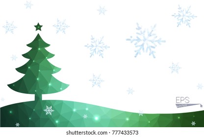 Green postcard low polygon style christmas tree vector illustration consisting of triangles.Abstract triangular polygonal origami or crystal design of New Year celebration.Isolated on white background
