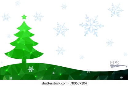 Green postcard low polygon style christmas tree vector illustration consisting of triangles.Abstract triangular polygonal origami or crystal design of New Year celebration.Isolated on white background