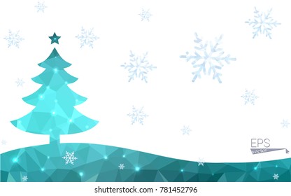 Green postcard low polygon style christmas tree vector illustration consisting of triangles.Abstract triangular polygonal origami or crystal design of New Year celebration.Isolated on white background