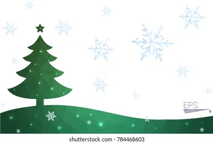 Green postcard low polygon style christmas tree vector illustration consisting of triangles.Abstract triangular polygonal origami or crystal design of New Year celebration.Isolated on white background