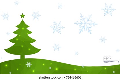 Green postcard low polygon style christmas tree vector illustration consisting of triangles.Abstract triangular polygonal origami or crystal design of New Year celebration.Isolated on white background
