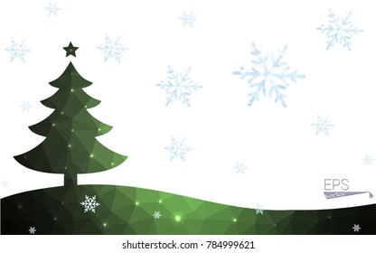 Green postcard low polygon style christmas tree vector illustration consisting of triangles.Abstract triangular polygonal origami or crystal design of New Year celebration.Isolated on white background
