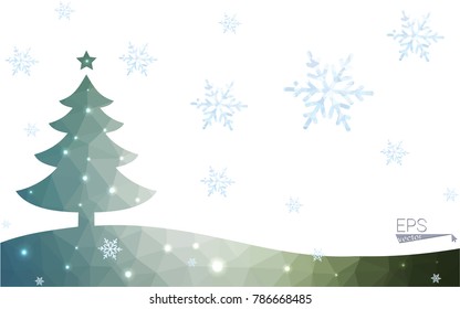 Green postcard low polygon style christmas tree vector illustration consisting of triangles.Abstract triangular polygonal origami or crystal design of New Year celebration.Isolated on white background