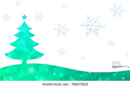 Green postcard low polygon style christmas tree vector illustration consisting of triangles.Abstract triangular polygonal origami or crystal design of New Year celebration.Isolated on white background