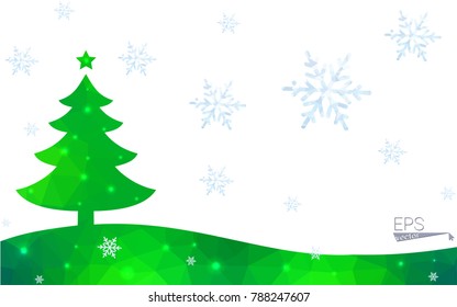 Green postcard low polygon style christmas tree vector illustration consisting of triangles.Abstract triangular polygonal origami or crystal design of New Year celebration.Isolated on white background