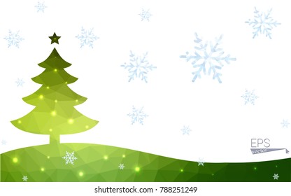 Green postcard low polygon style christmas tree vector illustration consisting of triangles.Abstract triangular polygonal origami or crystal design of New Year celebration.Isolated on white background