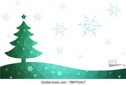 Green postcard low polygon style christmas tree vector illustration consisting of triangles.Abstract triangular polygonal origami or crystal design of New Year celebration.Isolated on white background