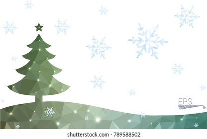 Green postcard low polygon style christmas tree vector illustration consisting of triangles.Abstract triangular polygonal origami or crystal design of New Year celebration.Isolated on white background