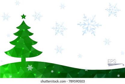 Green postcard low polygon style christmas tree vector illustration consisting of triangles.Abstract triangular polygonal origami or crystal design of New Year celebration.Isolated on white background