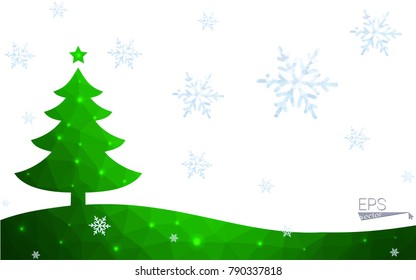 Green postcard low polygon style christmas tree vector illustration consisting of triangles.Abstract triangular polygonal origami or crystal design of New Year celebration.Isolated on white background