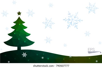 Green postcard low polygon style christmas tree vector illustration consisting of triangles.Abstract triangular polygonal origami or crystal design of New Year celebration.Isolated on white background