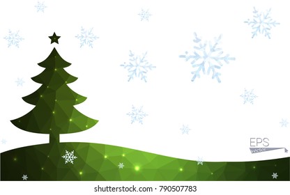 Green postcard low polygon style christmas tree vector illustration consisting of triangles.Abstract triangular polygonal origami or crystal design of New Year celebration.Isolated on white background