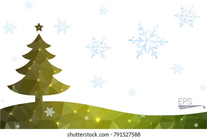 Green postcard low polygon style christmas tree vector illustration consisting of triangles.Abstract triangular polygonal origami or crystal design of New Year celebration.Isolated on white background