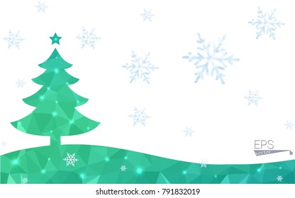 Green postcard low polygon style christmas tree vector illustration consisting of triangles.Abstract triangular polygonal origami or crystal design of New Year celebration.Isolated on white background