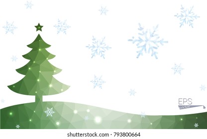 Green postcard low polygon style christmas tree vector illustration consisting of triangles.Abstract triangular polygonal origami or crystal design of New Year celebration.Isolated on white background