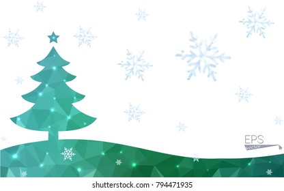 Green postcard low polygon style christmas tree vector illustration consisting of triangles.Abstract triangular polygonal origami or crystal design of New Year celebration.Isolated on white background