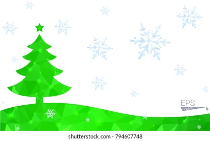Green postcard low polygon style christmas tree vector illustration consisting of triangles.Abstract triangular polygonal origami or crystal design of New Year celebration.Isolated on white background