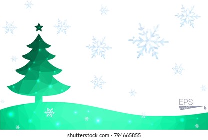 Green postcard low polygon style christmas tree vector illustration consisting of triangles.Abstract triangular polygonal origami or crystal design of New Year celebration.Isolated on white background