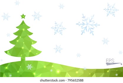 Green postcard low polygon style christmas tree vector illustration consisting of triangles.Abstract triangular polygonal origami or crystal design of New Year celebration.Isolated on white background