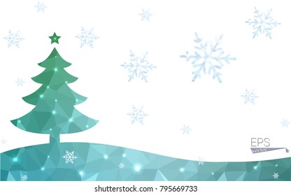 Green postcard low polygon style christmas tree vector illustration consisting of triangles.Abstract triangular polygonal origami or crystal design of New Year celebration.Isolated on white background