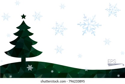 Green postcard low polygon style christmas tree vector illustration consisting of triangles.Abstract triangular polygonal origami or crystal design of New Year celebration.Isolated on white background