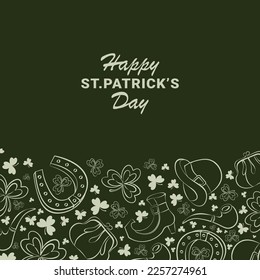 green postcard with many traditional St. Patricks Day elements arranged at the bottom