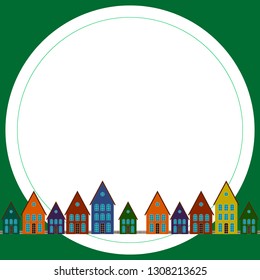 Green postcard with multicolor houses