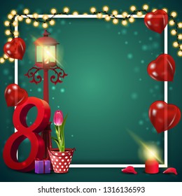 Green postcard template for women's day with balloons in form of heart, garland, frame and tulip in a bucket under a lantern