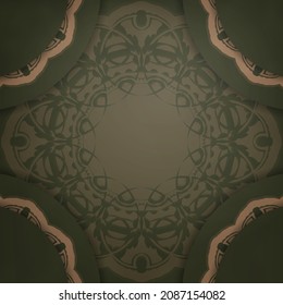 Green postcard with vintage brown pattern prepared for typography.