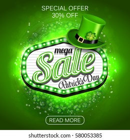 Green Poster, Banner or Flyer design of mega Sale on occasion of St. Patrick's Day celebration. Vector