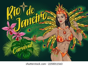 Green poster with brazilian samba female dancer, tropical leaves, orchid, text Rio de Janeiro. Carnival latino girl dancing and wearing shiny festival costume with colorful feathers. Vintage style.