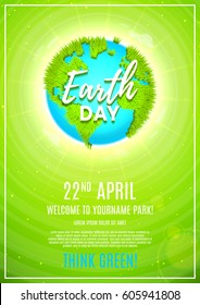 Green poster for celebrating Earth Day. Vector illustration with planet Earth with ground from grass and clouds around the planet.