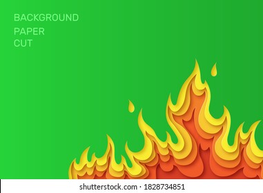 Green poster with fire. Layered design in paper style. Place for text. Vector illustration