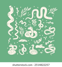 Afiche verde con varias serpientes. Vector dibujado a mano ilustración plana