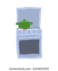 green pot boiling on gas stove in kitchen. vector stock image