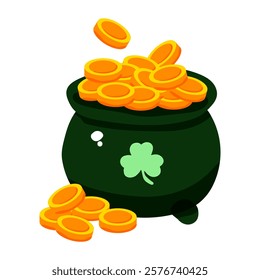 A green pot filled with gold coins. The pot is decorated with a shamrock. The image has a cheerful and festive mood