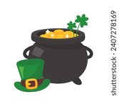 The green pot is full of gold coins. with good luck clover on st patrick festival
