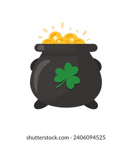The green pot is full of gold coins. with good luck clover on st patrick festival