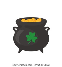 The green pot is full of gold coins. with good luck clover on st patrick festival