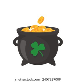 The green pot is full of gold coins. with good luck clover on st patrick festival