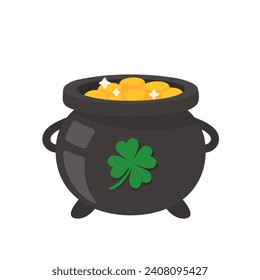The green pot is full of gold coins. with good luck clover on st patrick festival