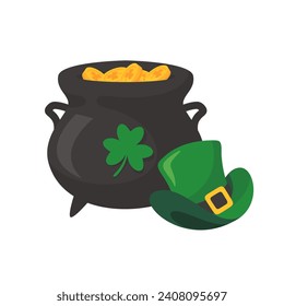 The green pot is full of gold coins. with good luck clover on st patrick festival