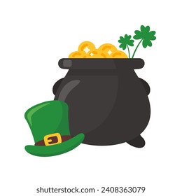 The green pot is full of gold coins. with good luck clover on st patrick festival