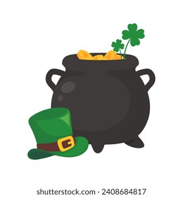 The green pot is full of gold coins. with good luck clover on st patrick festival