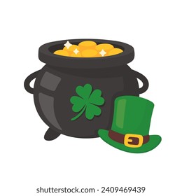 The green pot is full of gold coins. with good luck clover on st patrick festival