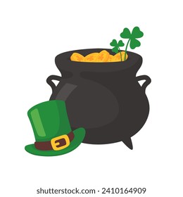 The green pot is full of gold coins. with good luck clover on st patrick festival