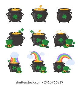 The green pot is full of gold coins. with good luck clover on st patrick festival