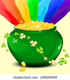 A green pot full of gold. The Magic Rainbow. A sprig of clover .Many gold coins. Vector