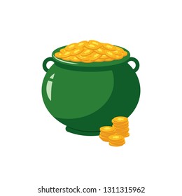 Green pot full of golden coins with clover sign - traditional symbol of St Patrick Day in flat style.